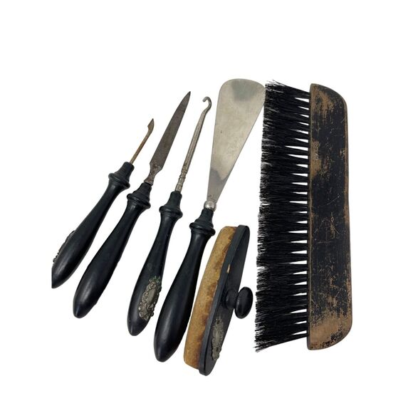 Victorian Vanity 6 PC Set Wood Ornate Decorated Nail Tools Shoe Horn Button Hook - Picture 5 of 12